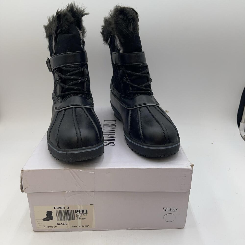 Dream Pairs RIVER_3 Boots Womens Black Winter Snow Faux Fur Lace Up New Sz 9